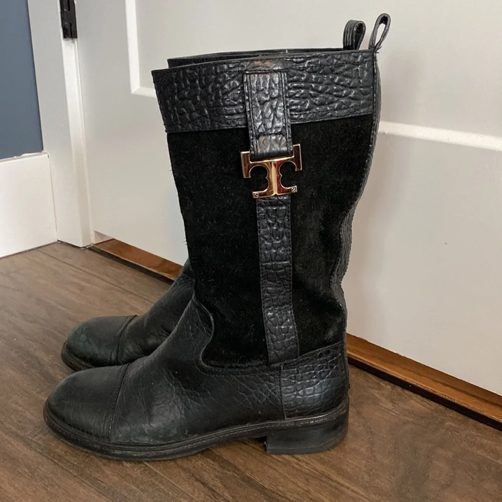 Tory Burch Moto Riding Mid Calf Pebbled Leather Boot